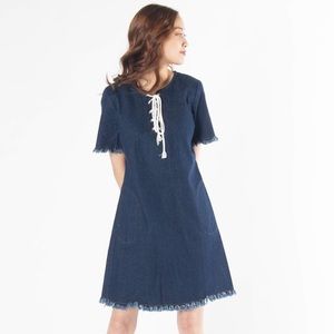 Dark Denim Short Sleeve Lace Up Shift Dress